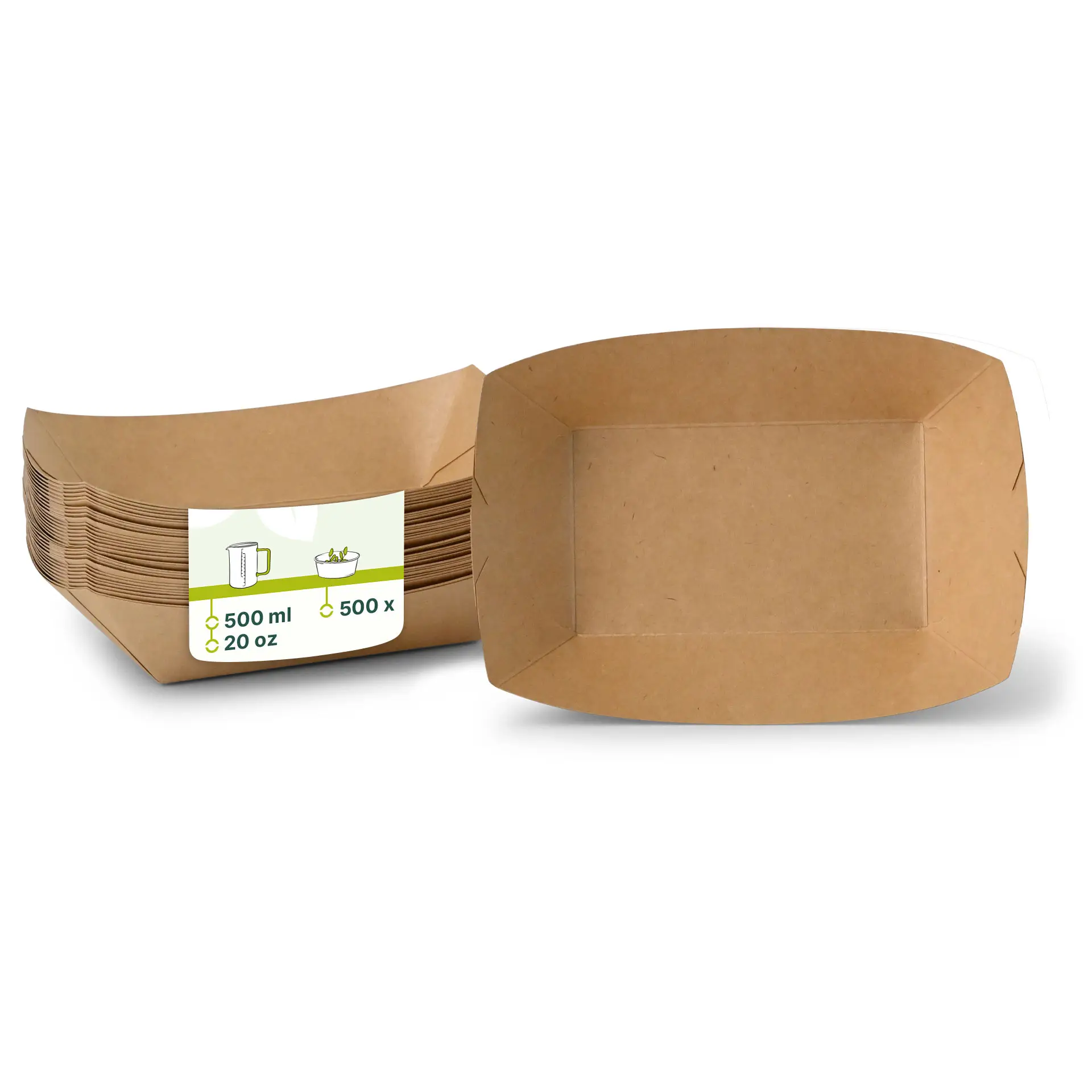 Cardboard snack trays in brown, 500 ml capacity; ideal for serving snacks like fries or burgers. Several trays stacked in the background.